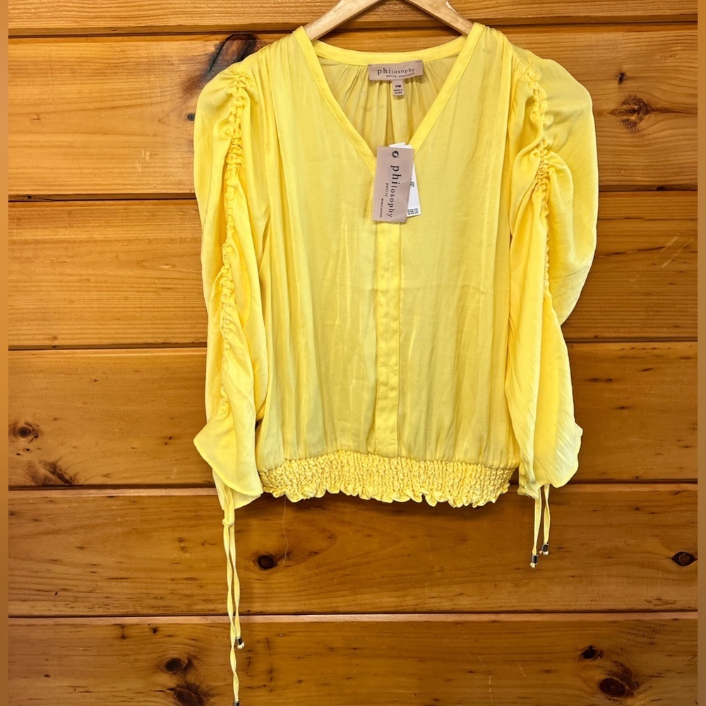 Philosophy Womens Blouse Top Yellow Drawstring Sleeve Smocked Waist Size PM NWT